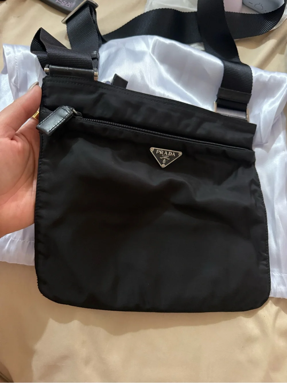 Prada Black Nylon Messenger Bag with Silver Logo Plaque